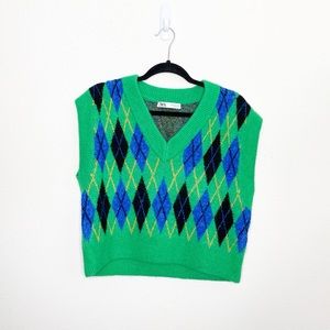 Zara Green and Blue Argyle Knit Vest